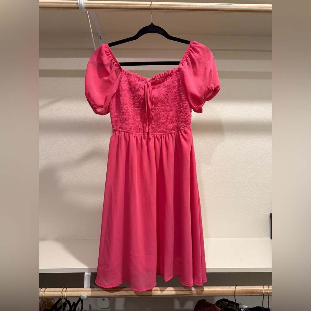 Puff-Sleeve Smocked Bodice Dress in Bright Pink